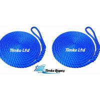 2 x 12mm Royal Blue 3-Strand Boat Mooring Ropes/Warps/Lines Large Soft Eye One End